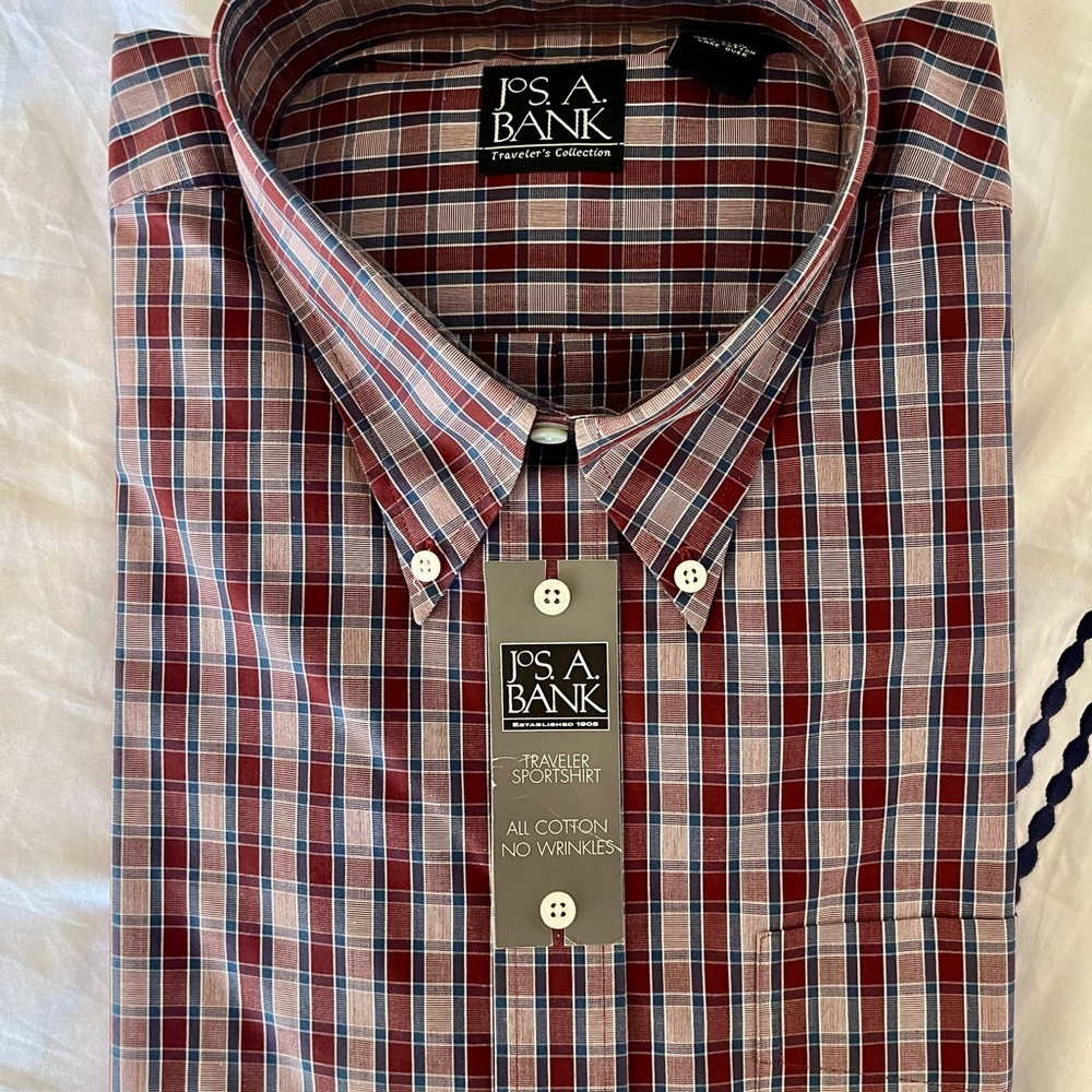 Jos. A. Bank Men's Wine and Blue Plaid Traveler’s Collection dress  Shirt